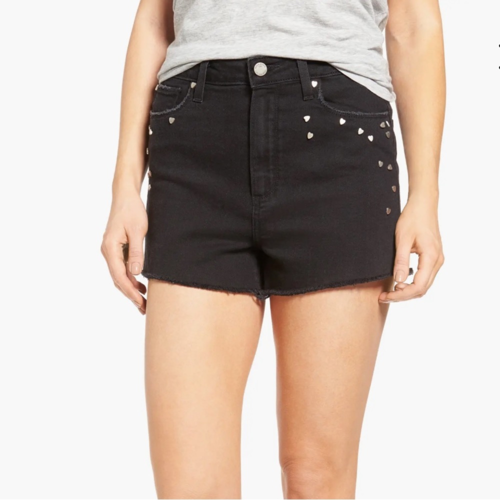 Paige Denim “Margot” High-Rise Short in Noir with Studded Hearts, size 30 NWT